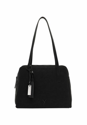 Black handbag with long shoulder straps, zipper closure, decorative tassel, and small rectangular metal tag on front side.