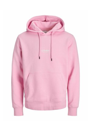 Felpa rosa realizzata in tessuto morbido con tasca anteriore, cappuccio con cordino e logo ricamato "JJ Studios" sul petto.