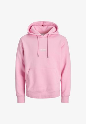 Roosa kapuutsiga särk, mis on valmistatud pehmest kangast, esiküljel tasku, stringidehóis ja rinnal tikitud "JJ Studios" logo.