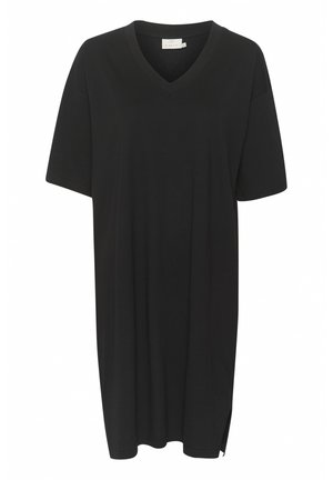 Tricou negru cu decolteu în V, fabricat dintr-un material moale. Dispune de mâneci scurte, croială lejeră și slituri laterale pentru ușurința mișcării. Design minimalist.