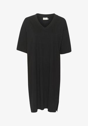 Črna majica z V-izrezom iz mehke tkanine. Ima kratke rokave, ohlapen kroj in stranske reze za enostavno gibanje. Minimalističen dizajn.