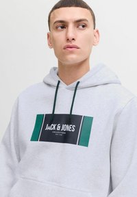 Grå hoodie med et frontgrafik i sort, grøn og hvid. Har en hætte med snoretræk og en tekstureret stoffinish.