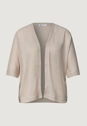 Cardigan beige en maille avec ouverture sur le devant, manches courtes et coupe décontractée, présenté sur un fond neutre.