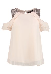 Světle růžová blusa s designem studeného ramene, volánkovými akcenty a texturovaným korálkovým detailem na ramenou. Hladká tkanina s volným střihem.