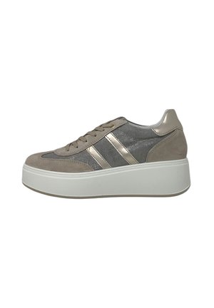 Sneaker platform beige e grigia con dettagli metallici, chiusura frontale con lacci e suola bianca spessa, mostrata in profilo destro su sfondo bianco.