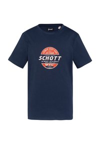 Camiseta de algodón azul marino con cuello redondo, mangas cortas y un gráfico frontal con texto rojo y blanco y acentos circulares.