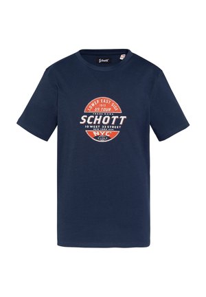 Marineblauwe katoenen t-shirt met een ronde halslijn, korte mouwen en een grafische afbeelding aan de voorkant met rode en witte tekst en cirkelvormige accenten.