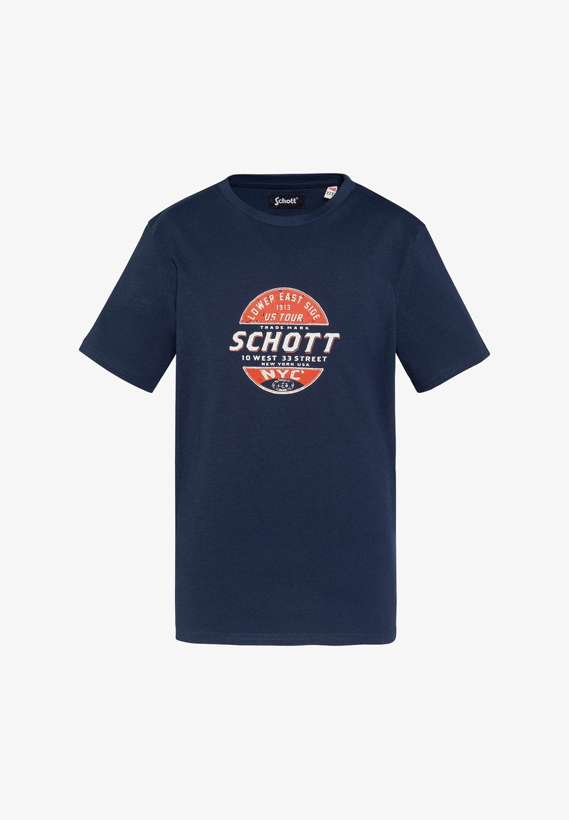 Camiseta de algodón azul marino con cuello redondo, mangas cortas y un gráfico frontal con texto rojo y blanco y acentos circulares.