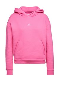 Sudadera rosa con capucha, que presenta un gráfico de un colgador blanco en el pecho. Tejido suave; incluye bolsillos laterales y puños acanalados.