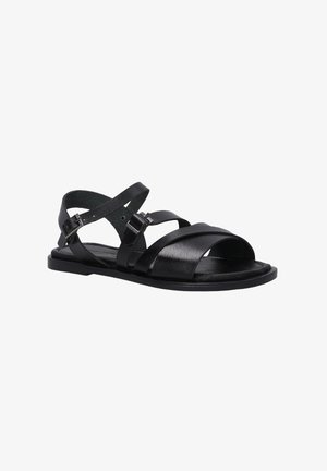 Schwarze Leder-Sandalen mit verstellbarem Riemen, flacher Sohle und offenem Zehendesign. Sie verfügen über überkreuzte Riemen und Metall-Schnallen zur Befestigung.