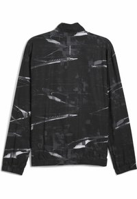 Veste à manches longues zippée avec un motif abstrait noir et gris, dotée d'un col montant et de poignets élastiques.