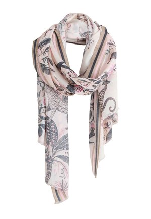 Écharpe rose clair avec motifs léopard et feuilles tropicales, bords rayés et tissu doux drapé en un nœud lâche.