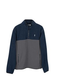 Fleece-Pullover in Marineblau und Grau, mit einem Halb-Reißverschluss, Stehkragen und seitlichen Taschen mit Reißverschlüssen. Zartes Baum-Logo auf der Brust.