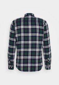 Pitkähihaista flanellipaitaa, jossa on tummansininen, vihreä ja valkoinen ruutukuosi, napitettava kaulus ja säädettävät hihansuut.