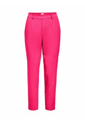Rozā piegrieztas bikses ar gludu tekstūru, augstu jostasvietu, jostas cilpām un slaidām kājām, kas beidzas virs potītes.