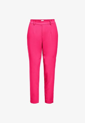 Ružičaste krojene hlače s glatkom teksturom, s visokim strukom, prorezima za remen i uskim nogavicama koje završavaju iznad gležnja.