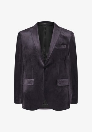 Samtblazer in tiefem Lila, mit einem Knopf vorne, mit Reverskragen, zwei vorderen Taschen, slim Fit Silhouette, ungefüttertes Innenfutter für einen glatten Abschluss.