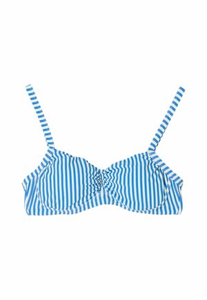 Niebiesko-biały bikini z pionowymi paskami, cienkimi regulowanymi ramiączkami i marszczonym detalem materiału na środku z przodu.