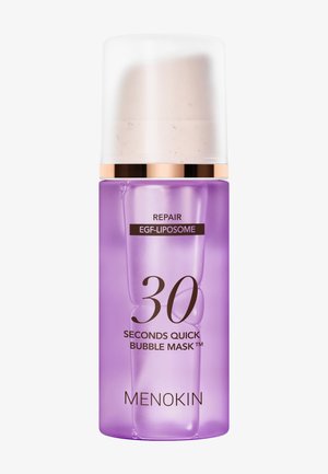 Lila durchscheinende Flasche mit weißem Pumpverschluss, beschriftet mit "Repair EGF-Liposome 30 Seconds Quick Bubble Mask Menokin."