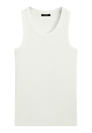 Hvid ærmeløs ribstrikket tanktop med rund halsudskæring og label indeni kraven.