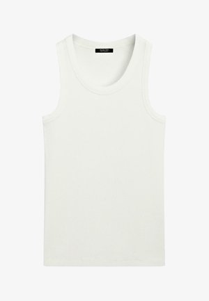 Witte mouwloze geribbelde tanktop met ronde halslijn en label aan de binnenkant van de kraag.