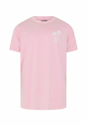Roze T-shirt met korte mouwen met kleine witte palmboom- en eilandafbeelding op de linkerborst, ronde hals, effen ontwerp.