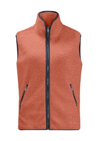 Gilet in pile di colore corallo, colletto alto, zip frontale completa, due tasche laterali, esterno testurizzato e rifiniture blu navy. Logo in basso a destra.
