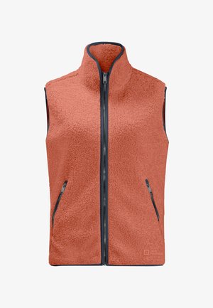 Gilet en polaire de couleur corail, col montant, fermeture éclair sur le devant, deux poches latérales, extérieur texturé et bordure marine. Logo en bas à droite.