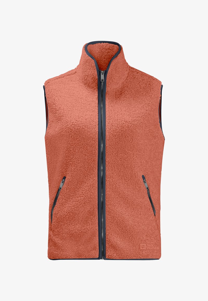 Fleece-Weste in Korallenfarbe, hoher Kragen, durchgehender Reißverschluss, zwei Seitentaschen, strukturierte Außenseite und marineblaue Akzente. Logo am unteren rechten Rand.
