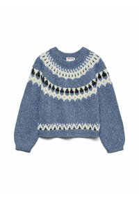 Modra pletena majica z dolgimi rokavi, okrolim izrezom in vzorčastim delom na prsih v beli in črni barvi. Teksturirana tkanina s kratkim krojem.