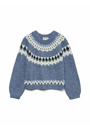 Mėlynas megztinis su ilgomis rankovėmis, apvalia iškirpte ir baltos bei juodos spalvos raštuotu pečių ornamentu. Tekstūruota medžiaga, trumpintas modelis.