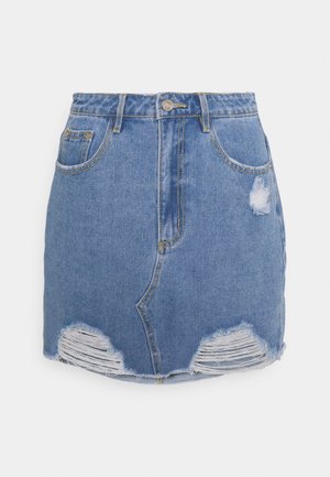 Vaaleansininen farkkuhame, jossa istuva malli, kulutettuja yksityiskohtia ja rispaantunut helma. Viiden taskun design, jossa keltaiset tikkaukset.