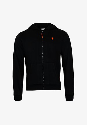 Zwarte zip-up hoodie met voorzakken, oranje ritsen, en een klein oranje logo op de bovenste linkerborst.