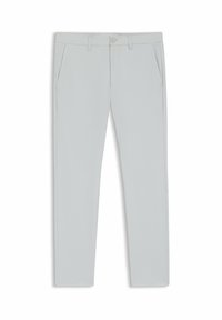 Pantaloni grigi chiari con una texture liscia, dotati di chiusura con bottone, passanti per cintura e tasche laterali. Design slim-fit, senza motivi né dettagli.