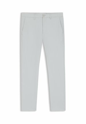 Lichtgrijze broek met een gladde textuur, voorzien van een knoopsluiting, riemlussen en zijzakken. Slim-fit ontwerp, zonder patronen of accenten.