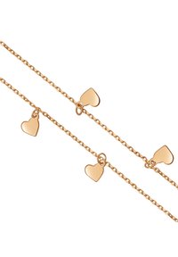 Złota naszyjnik łańcuszkowy z małymi sercowymi zawieszkami rozmieszczonymi wzdłuż łańcuszka, o gładkim, błyszczącym wykończeniu.