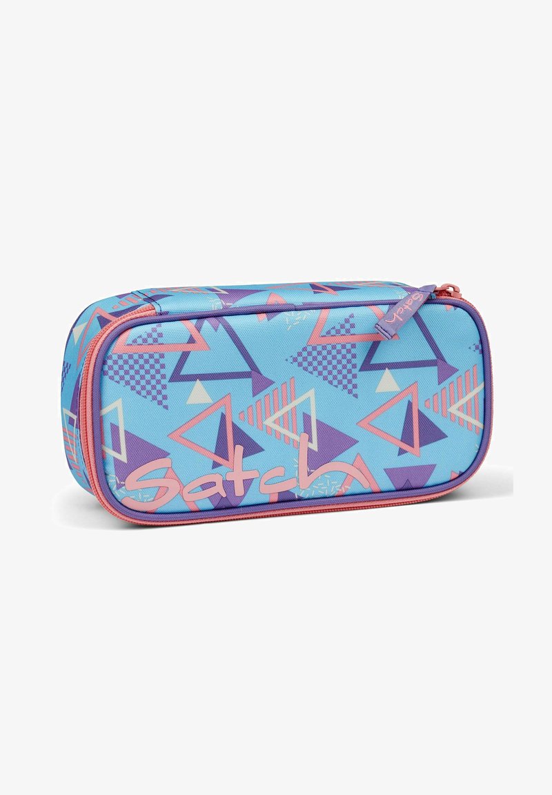 Blue pencil case with geometric patterns in purple, pink, and light blue. Features a pink zipper and a logo on the front. Rectangular design.