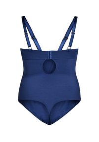 Marinblå bodysuit med justerbara band, hög midja och en öppen cirkeldetalj fram. Tillverkad av ett glatt, elastiskt material.