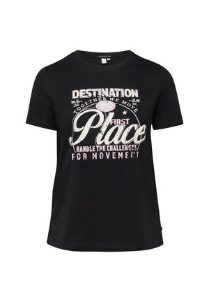 Schwarzes T-Shirt mit kurzen Ärmeln und weißem sowie pinkfarbenem Text: "Destination First Place, Together We Move, Handle the Challenges for Movement."