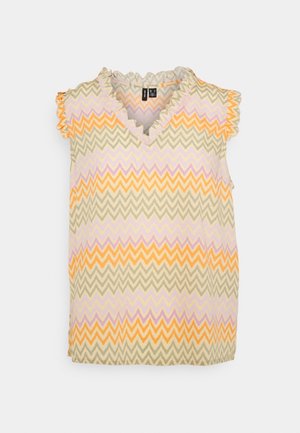Sleeveless top with ruffled V-neck and sleeves, featuring zigzag patterns in orange, beige, and light purple on a cream background.