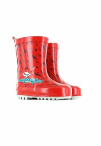 Bottes de pluie en caoutchouc rouges avec un motif d'éclair, un accent en alligator bleu sur le côté et une semelle texturée blanche.
