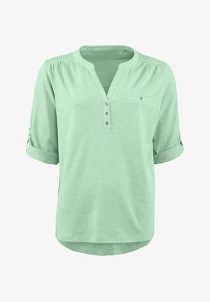 Mintgrünes, kurzärmliges Hemd mit Knopfleiste, abgerundetem Saum, subtiler Textur und einer Brusttasche mit Knopfdetail.
