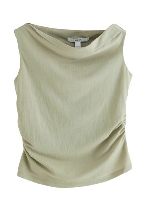 Sleeveless olive green top with a draped neckline and subtle side ruching, made of soft lightweight fabric.