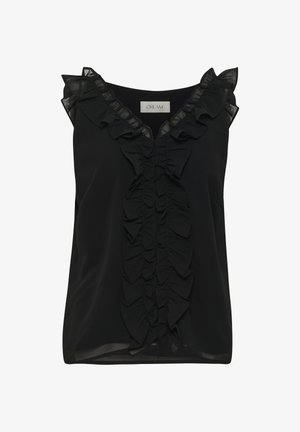 Blouse sans manches noire avec un décolleté froncé et des détails à l'avant. Fabriquée en tissu lisse avec des accents transparents le long du col et des volants.