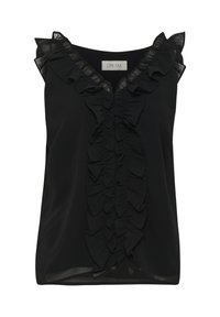 Černá bezrukávová blůza s volánkovým výstřihem a předním zdobením. Vyrobena z hladkého materiálu s průsvitnými detaily podél límce a volánků.