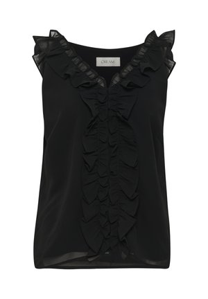 Černá bezrukávová blůza s volánkovým výstřihem a předním zdobením. Vyrobena z hladkého materiálu s průsvitnými detaily podél límce a volánků.