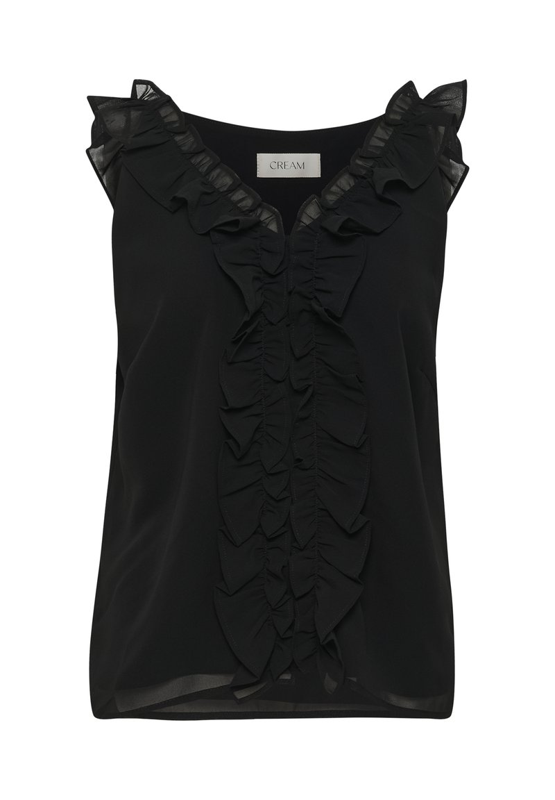 Černá bezrukávová blůza s volánkovým výstřihem a předním zdobením. Vyrobena z hladkého materiálu s průsvitnými detaily podél límce a volánků.