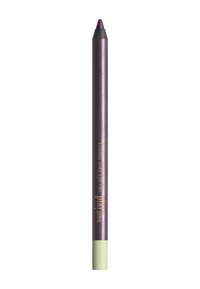 Crayon yeux violet avec une finition métallique brillante, doté d'un capuchon vert menthe et d'un texte doré indiquant le nom du produit et la marque.