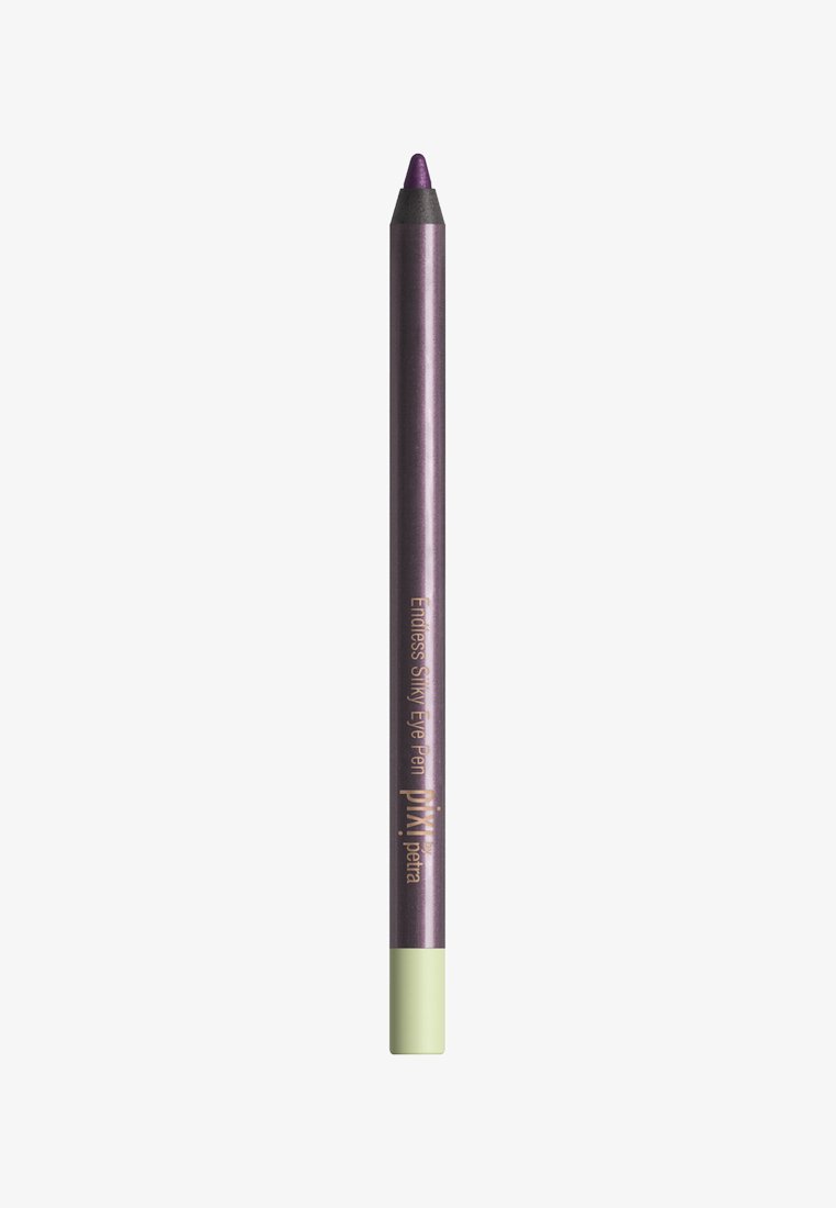 Crayon yeux violet avec une finition métallique brillante, doté d'un capuchon vert menthe et d'un texte doré indiquant le nom du produit et la marque.
