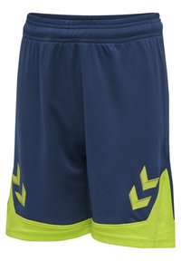 Shorts sportivi blu navy con finitura testurizzata, caratterizzati da accenti verde neon e un motivo a zig-zag sui lati. Include cintura elastica.